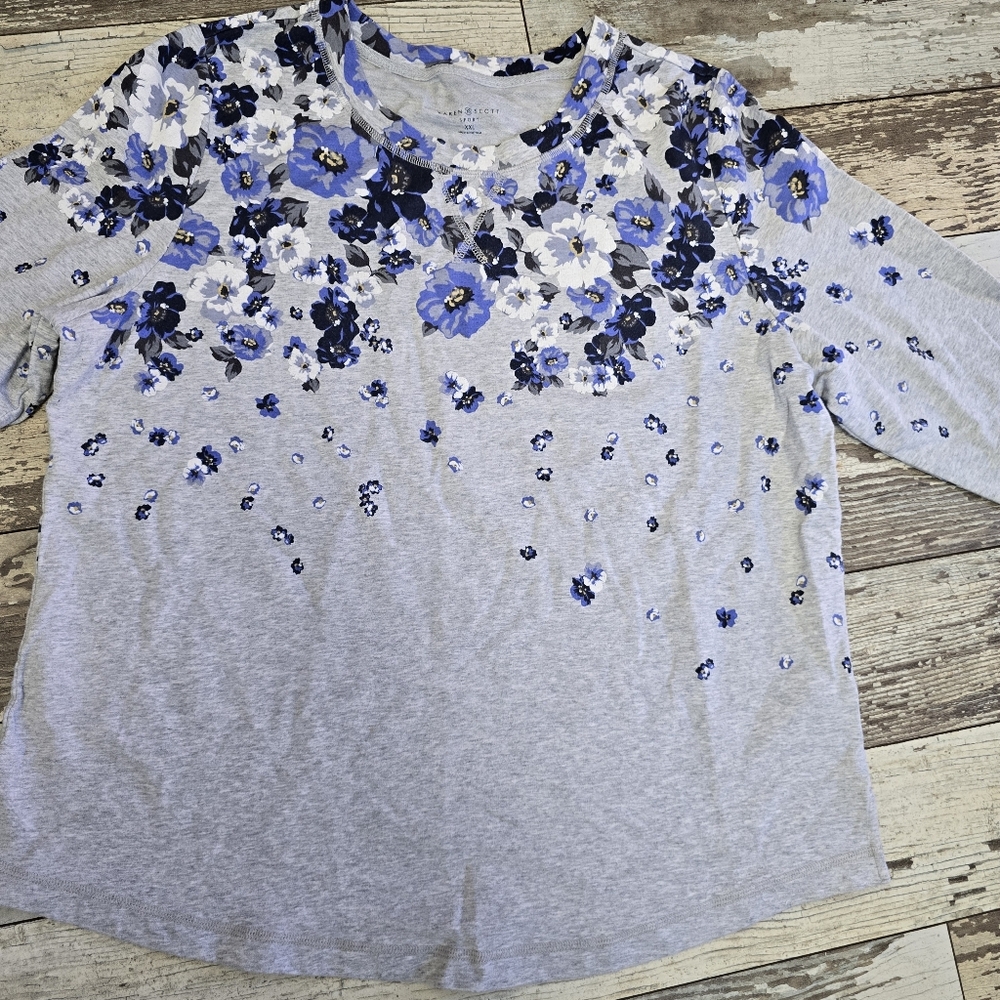 Karen Scott Women's Gray Blue Floral Printed Elbow-Sleeve Top Size XXL - Picture 8 of 8